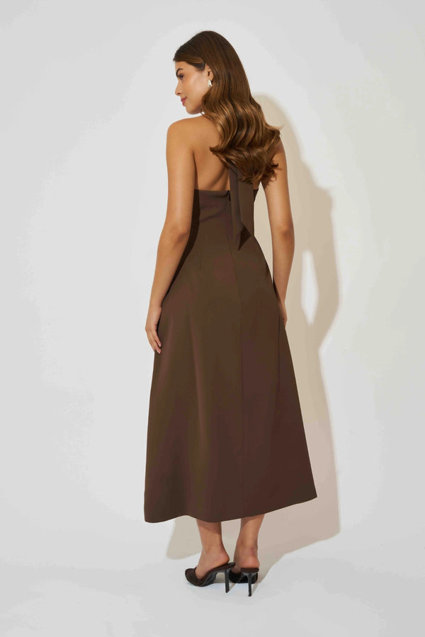 Ultimate Muse Volume Skirt Midi Dress by Odd Muse — a structured brown midi with a fitted bodice and voluminous skirt, perfect for fall styling.