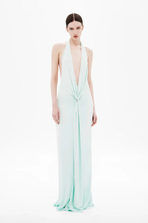 Unity Jersey Dress by Misha, a plunge-neck maxi with soft jersey drape and hardware sash. Perfect for elegant nights and formal occasions.