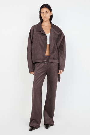 Lyon Pant Choc by Bec + Bridge, soft faux suede with mid-high waist, relaxed straight-leg fit, versatile belt loops, perfect for casual or dressy looks.