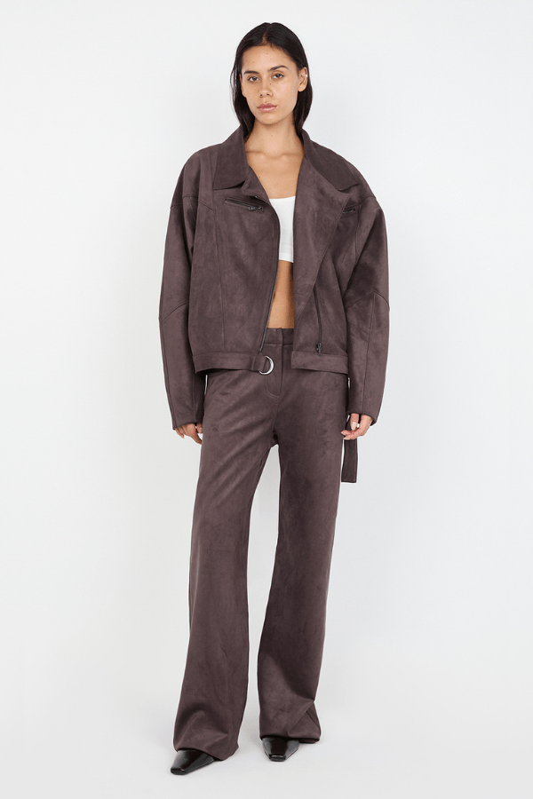 Lyon Pant Choc by Bec + Bridge, soft faux suede with mid-high waist, relaxed straight-leg fit, versatile belt loops, perfect for casual or dressy looks.
