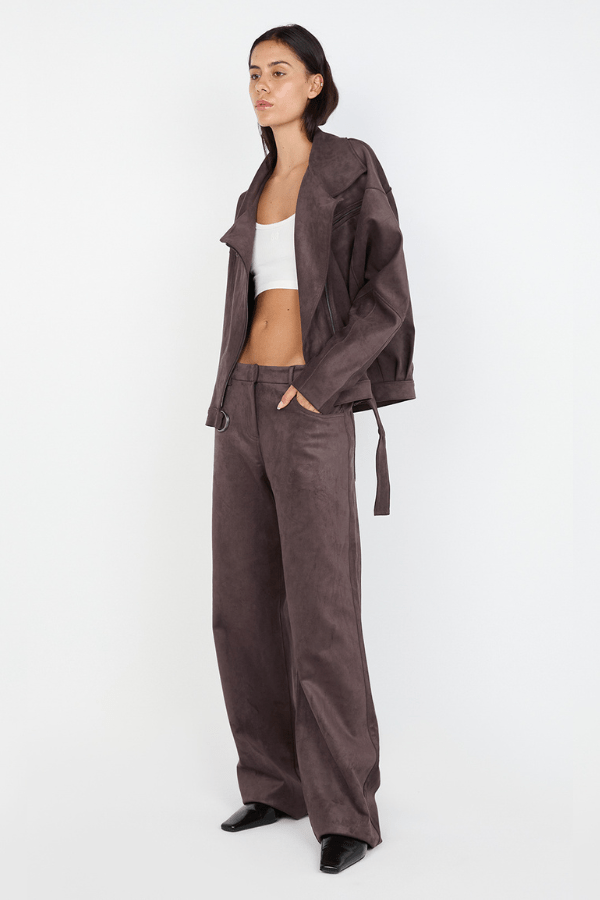 Lyon Pant Choc by Bec + Bridge, soft faux suede with mid-high waist, relaxed straight-leg fit, versatile belt loops, perfect for casual or dressy looks.