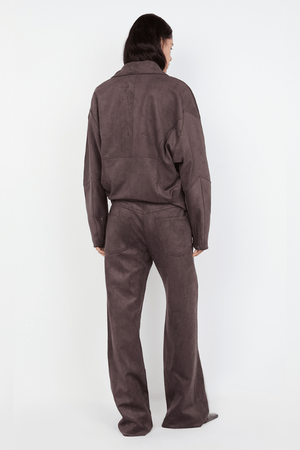 Lyon Pant Choc by Bec + Bridge, soft faux suede with mid-high waist, relaxed straight-leg fit, versatile belt loops, perfect for casual or dressy looks.