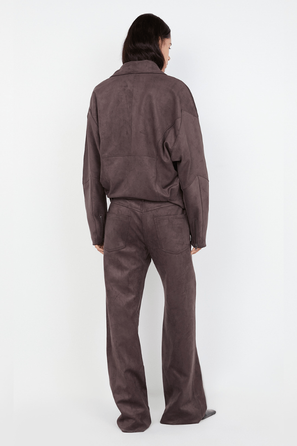 Lyon Pant Choc by Bec + Bridge, soft faux suede with mid-high waist, relaxed straight-leg fit, versatile belt loops, perfect for casual or dressy looks.