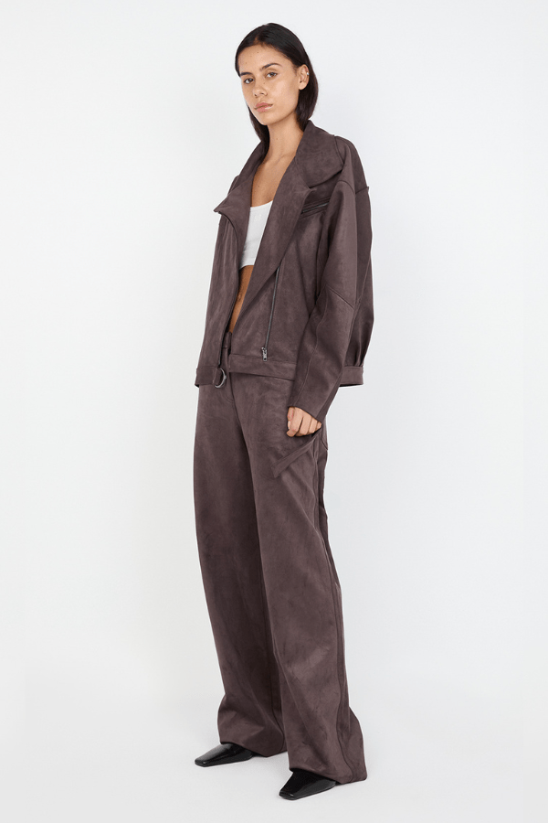Lyon Pant Choc by Bec + Bridge, soft faux suede with mid-high waist, relaxed straight-leg fit, versatile belt loops, perfect for casual or dressy looks.