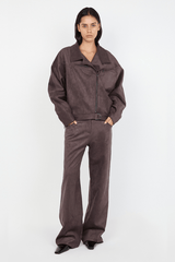 Lyon Pant Choc by Bec + Bridge, soft faux suede with mid-high waist, relaxed straight-leg fit, versatile belt loops, perfect for casual or dressy looks.