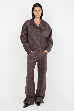 Lyon Pant Choc by Bec + Bridge, soft faux suede with mid-high waist, relaxed straight-leg fit, versatile belt loops, perfect for casual or dressy looks.