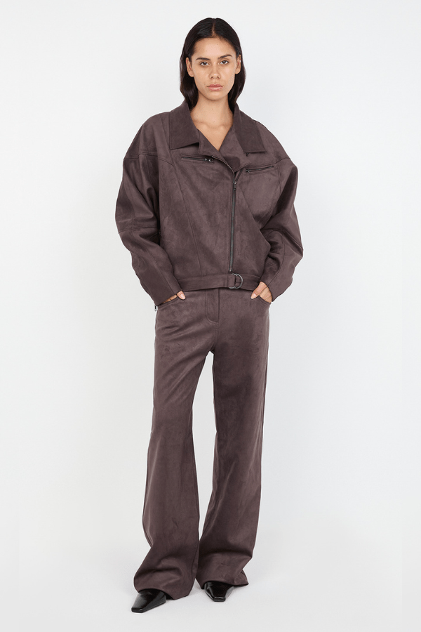 Lyon Pant Choc by Bec + Bridge, soft faux suede with mid-high waist, relaxed straight-leg fit, versatile belt loops, perfect for casual or dressy looks.