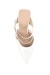 VGwen Wedge in Lucite & White Leather by Lana Wilkinson, a pointed-toe mule with adjustable strap and green lucite wedge heel.