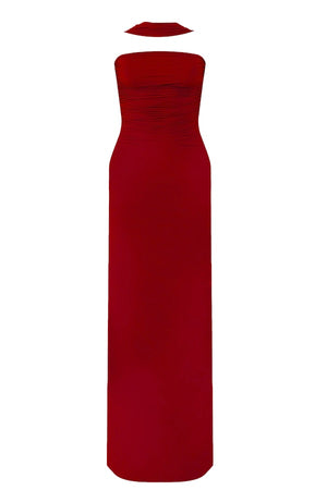 Mullet Maxi Dress Red by Maygel Coronel – A ruched, open-back maxi with 3D floral and versatile straps you can style multiple ways.