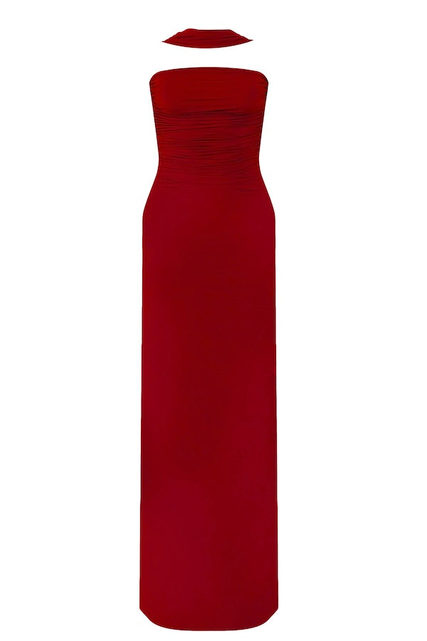 Mullet Maxi Dress Red by Maygel Coronel – A ruched, open-back maxi with 3D floral and versatile straps you can style multiple ways.