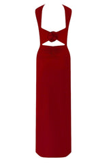 Mullet Maxi Dress Red by Maygel Coronel – A ruched, open-back maxi with 3D floral and versatile straps you can style multiple ways.