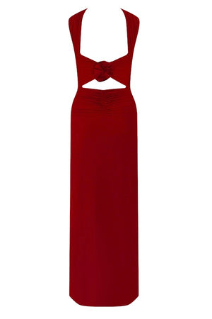 Mullet Maxi Dress Red by Maygel Coronel – A ruched, open-back maxi with 3D floral and versatile straps you can style multiple ways.