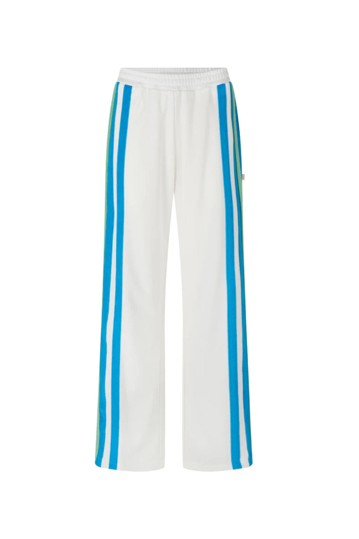 Vacation Sporty Pant by Araminta James — a white wide-leg sports-sheen pant with velour trims and elastic waist, perfect for relaxed styling.