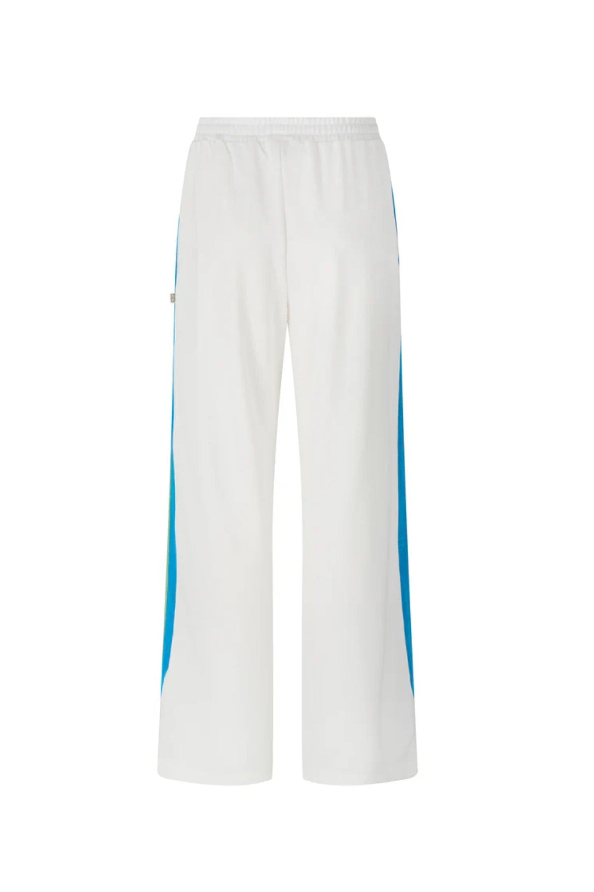 Vacation Sporty Pant by Araminta James — a white wide-leg sports-sheen pant with velour trims and elastic waist, perfect for relaxed styling.