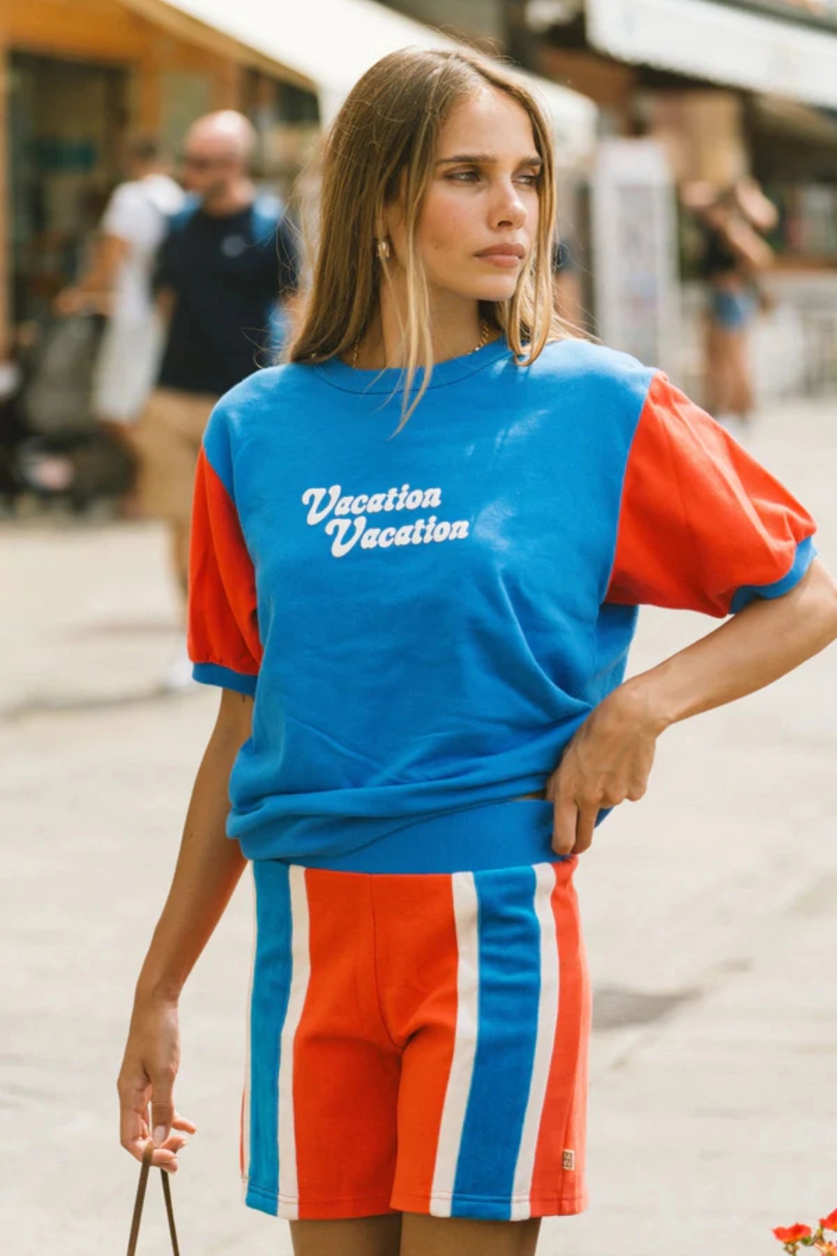 Vacation Top French Blue by Araminta James, cotton fleece tee with retro 70’s graphic and crew neckline, a trendy sporty-chic piece perfect for casual days.