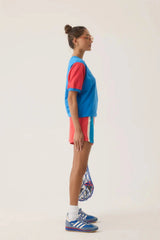 Vacation Top French Blue by Araminta James, cotton fleece tee with retro 70’s graphic and crew neckline, a trendy sporty-chic piece perfect for casual days.