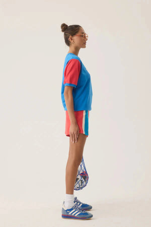 Vacation Top French Blue by Araminta James, cotton fleece tee with retro 70’s graphic and crew neckline, a trendy sporty-chic piece perfect for casual days.