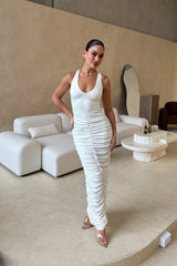 Valentina Midi Dress White by Sneaky Link – a fitted midi with plunge neckline and draped skirt. Perfect for evening styling.