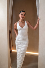Valentina Midi Dress White by Sneaky Link – a fitted midi with plunge neckline and draped skirt. Perfect for evening styling.