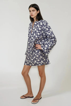Valeria Tunic in Navy Link by Onte, a linen Tencel kaftan-style mini dress with custom link print and relaxed oversized fit.