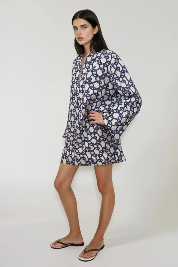 Valeria Tunic in Navy Link by Onte, a linen Tencel kaftan-style mini dress with custom link print and relaxed oversized fit.