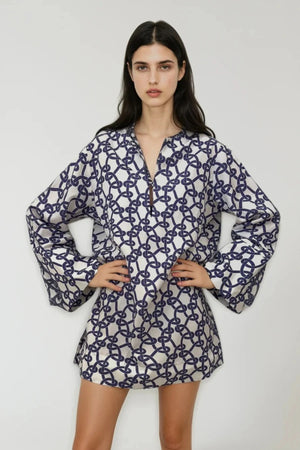 Valeria Tunic in Navy Link by Onte, a linen Tencel kaftan-style mini dress with custom link print and relaxed oversized fit.