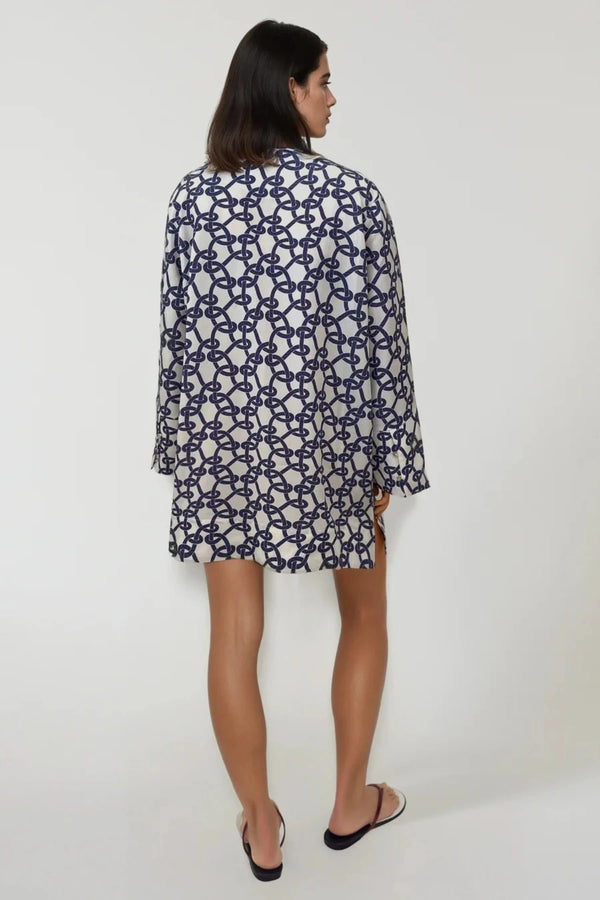 Valeria Tunic in Navy Link by Onte, a linen Tencel kaftan-style mini dress with custom link print and relaxed oversized fit.