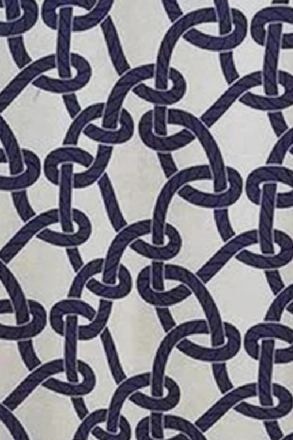 Valeria Tunic in Navy Link by Onte, a linen Tencel kaftan-style mini dress with custom link print and relaxed oversized fit.