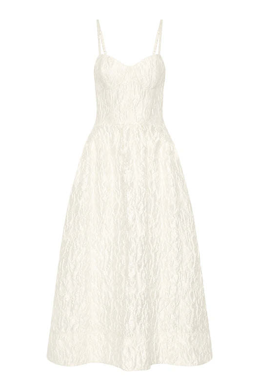 Vanilla Dreams Midi Dress Ivory by Rebecca Vallance – elegant ivory jacquard corset midi with adjustable straps and voluminous skirt.

