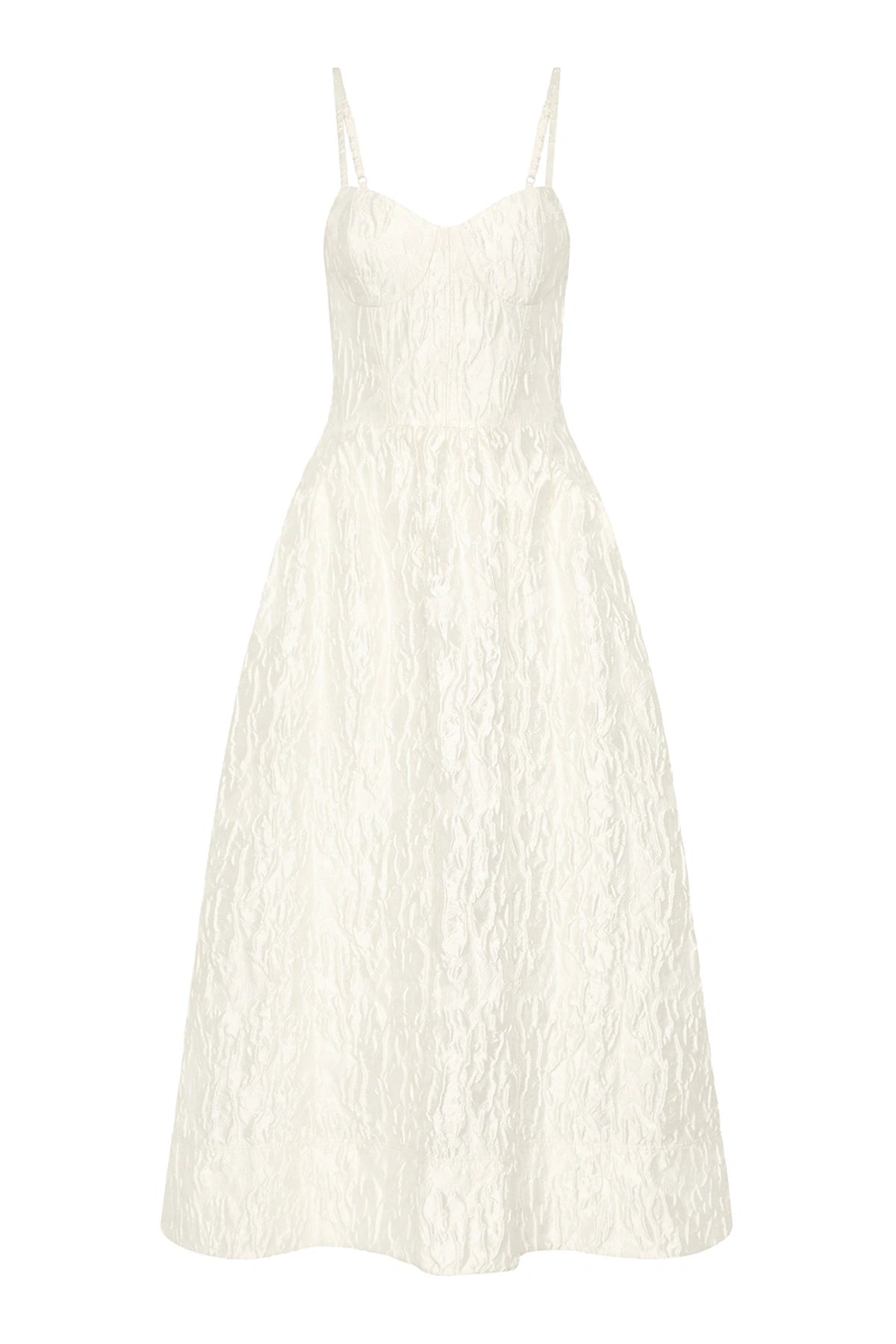 Vanilla Dreams Midi Dress Ivory by Rebecca Vallance – elegant ivory jacquard corset midi with adjustable straps and voluminous skirt.
