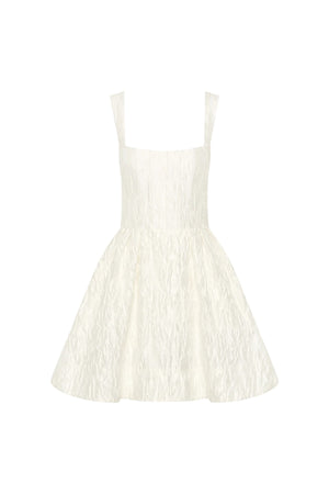 Vanilla Dreams Mini Dress Ivory by Rebecca Vallance, floral jacquard mini with corseted bodice and circular skirt for elegant bridal charm.