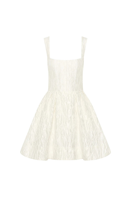 Vanilla Dreams Mini Dress Ivory by Rebecca Vallance, floral jacquard mini with corseted bodice and circular skirt for elegant bridal charm.