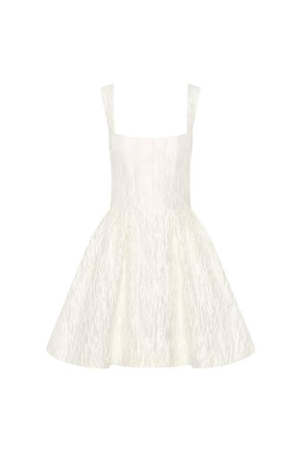 Vanilla Dreams Mini Dress Ivory by Rebecca Vallance, floral jacquard mini with corseted bodice and circular skirt for elegant bridal charm.