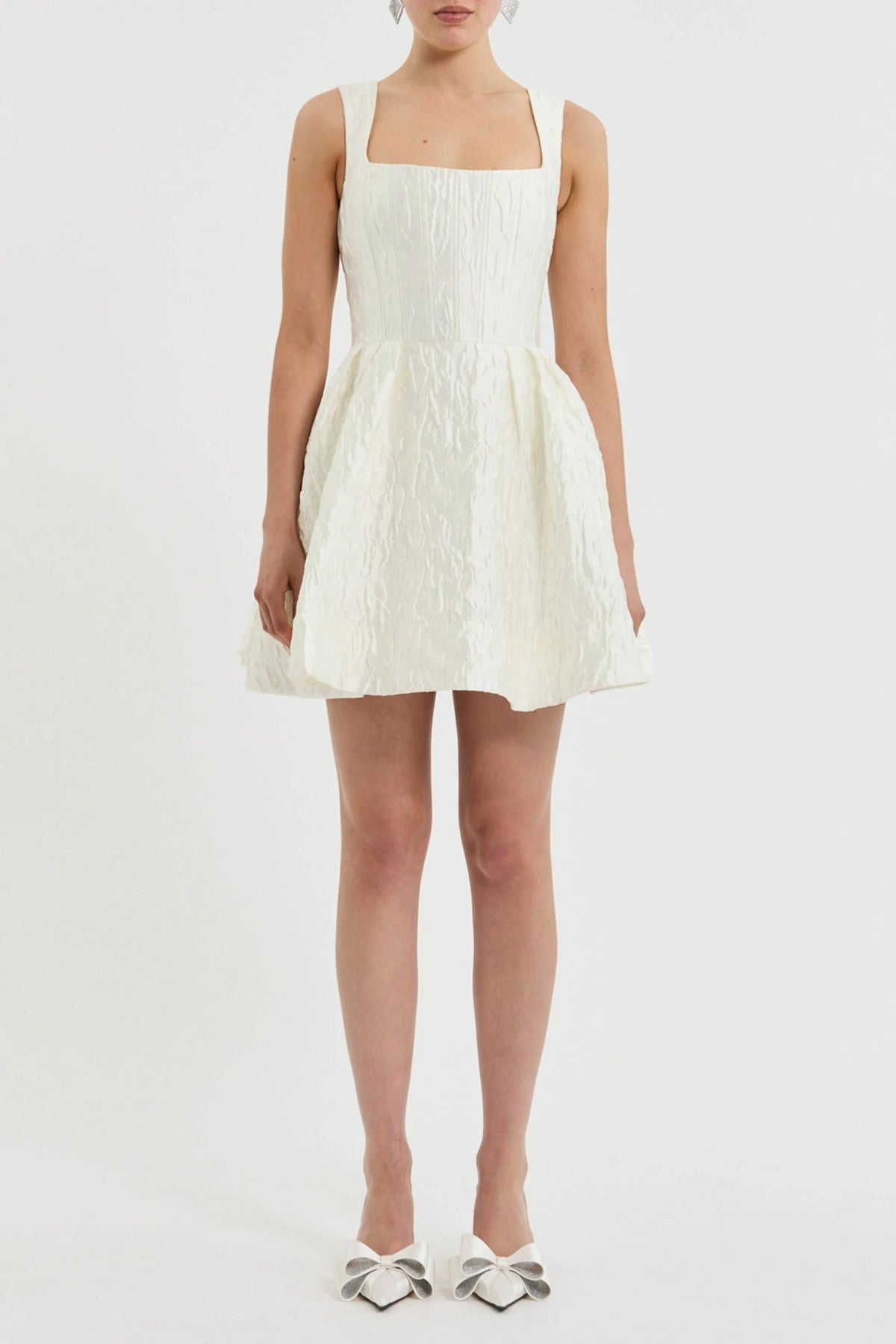 Vanilla Dreams Mini Dress Ivory by Rebecca Vallance, floral jacquard mini with corseted bodice and circular skirt for elegant bridal charm.