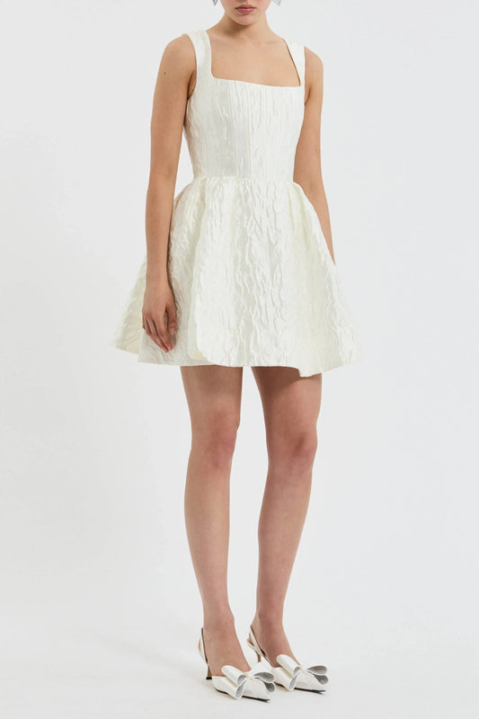 Vanilla Dreams Mini Dress Ivory by Rebecca Vallance, floral jacquard mini with corseted bodice and circular skirt for elegant bridal charm.