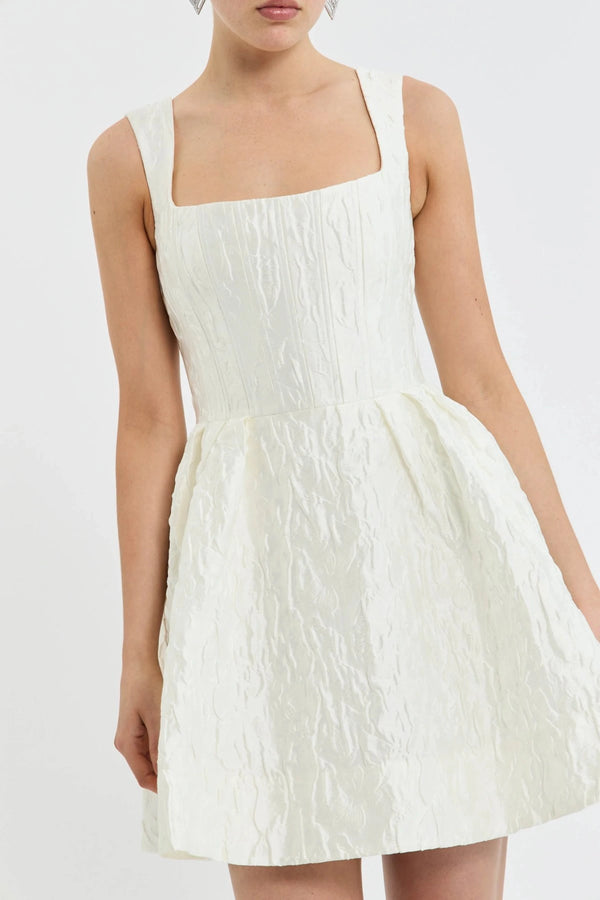 Vanilla Dreams Mini Dress Ivory by Rebecca Vallance, floral jacquard mini with corseted bodice and circular skirt for elegant bridal charm.
