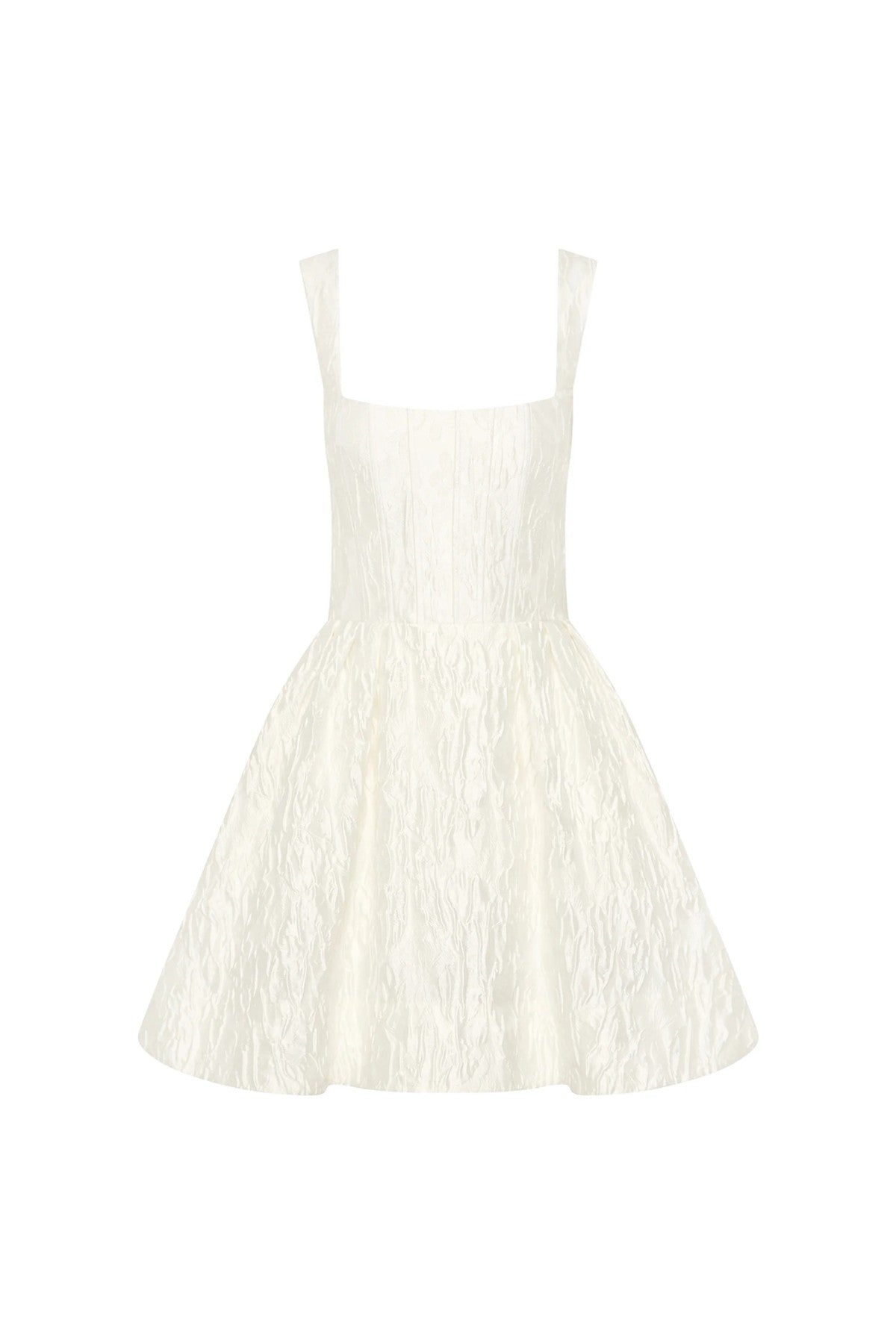 Vanilla Dreams Mini Dress Ivory by Rebecca Vallance, floral jacquard mini with corseted bodice and circular skirt for elegant bridal charm.