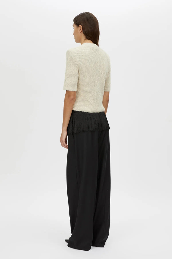 Vega Knit Top by Camilla and Marc, a stone grey short sleeve knit cardigan with ribbed neckline and button front.