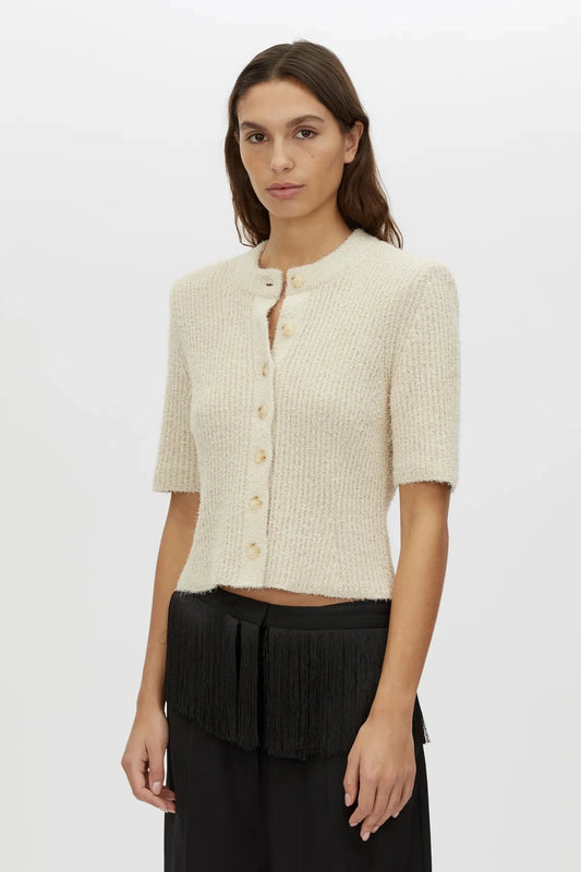 Vega Knit Top by Camilla and Marc, a stone grey short sleeve knit cardigan with ribbed neckline and button front.