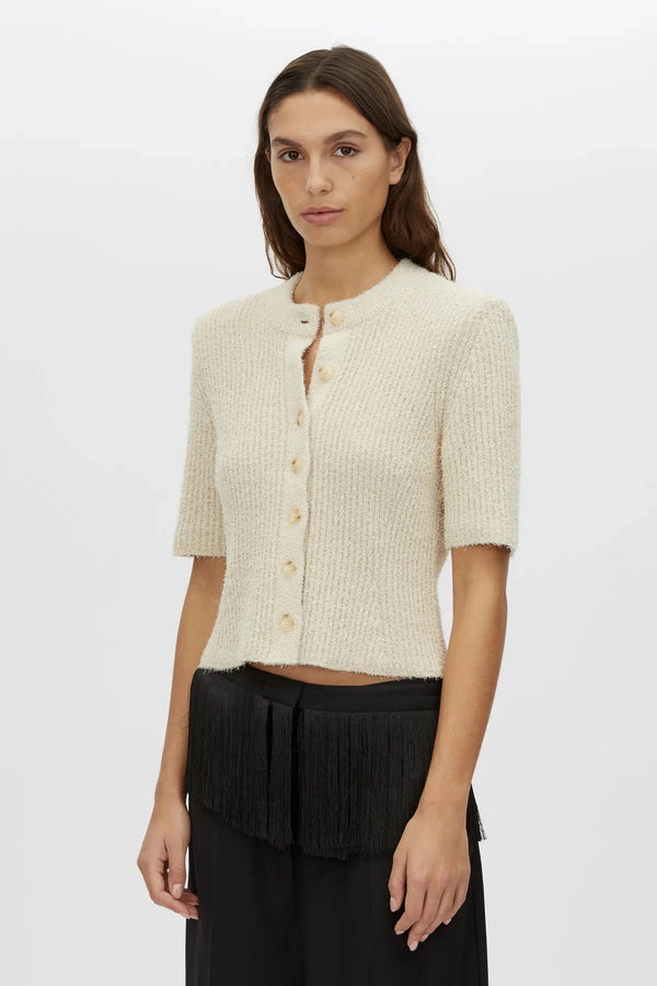 Vega Knit Top by Camilla and Marc, a stone grey short sleeve knit cardigan with ribbed neckline and button front.