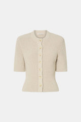 Vega Knit Top by Camilla and Marc, a stone grey short sleeve knit cardigan with ribbed neckline and button front.