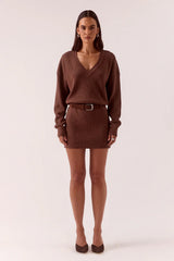 Venice Sweater Dress Mocha by Sovere, deep V neck knit mini dress with waist belt for elevated winter styling