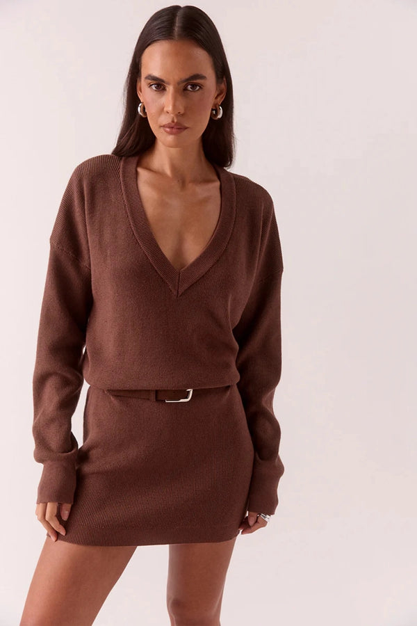 Venice Sweater Dress Mocha by Sovere, deep V neck knit mini dress with waist belt for elevated winter styling.