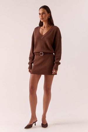 Venice Sweater Dress Mocha by Sovere, deep V neck knit mini dress with waist belt for elevated winter styling.