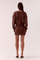 Venice Sweater Dress Mocha by Sovere, deep V neck knit mini dress with waist belt for elevated winter styling.