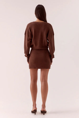 Venice Sweater Dress Mocha by Sovere, deep V neck knit mini dress with waist belt for elevated winter styling.