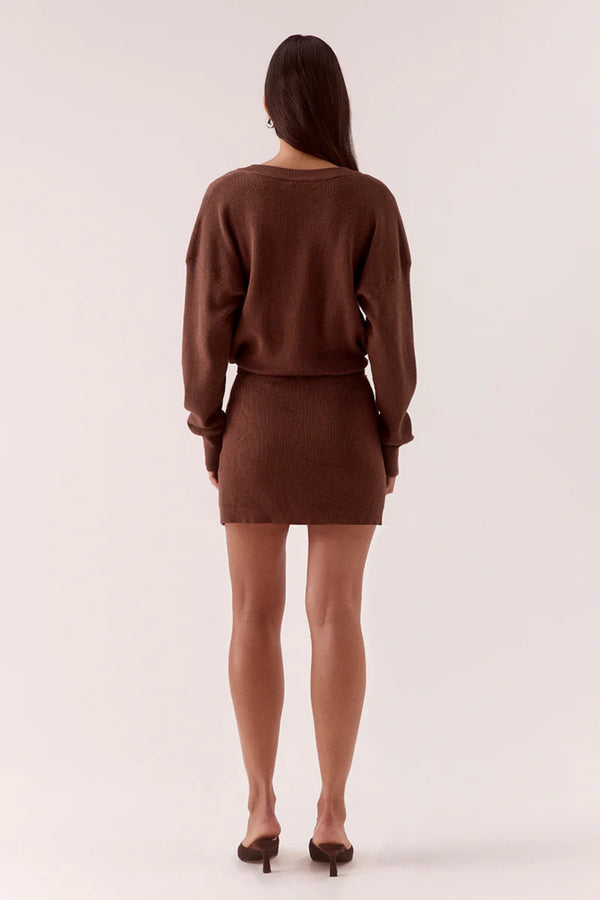 Venice Sweater Dress Mocha by Sovere, deep V neck knit mini dress with waist belt for elevated winter styling.