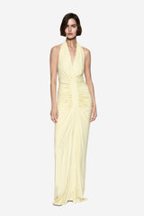 Venus Gathered Cupro Dress Lemon by MISHA – a halter maxi with ruched waist and soft drape. Perfect for elegant styling.