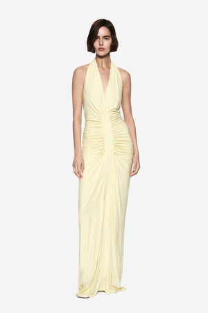 Venus Gathered Cupro Dress Lemon by MISHA – a halter maxi with ruched waist and soft drape. Perfect for elegant styling.