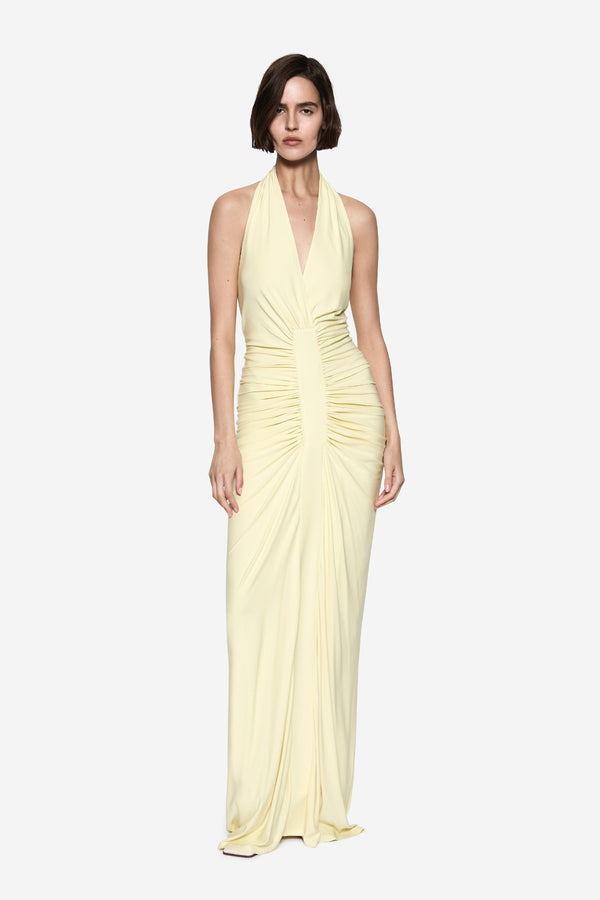 Venus Gathered Cupro Dress Lemon by MISHA – a halter maxi with ruched waist and soft drape. Perfect for elegant styling.